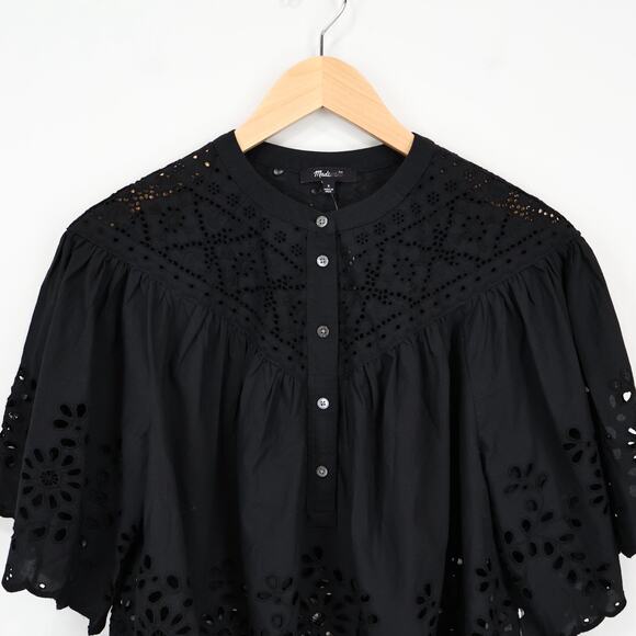 Madewell Embroidered Shirred Henley Top Black Size Small NWT - Picture 3 of 8